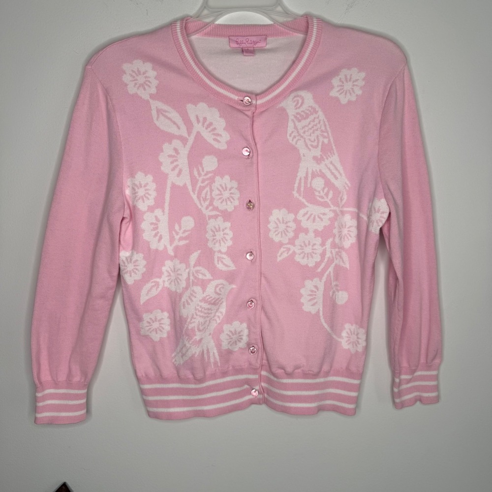 RARE Lilly Pulitzer Pink White Bird Floral Cotton Knit Cardigan Sweater Small